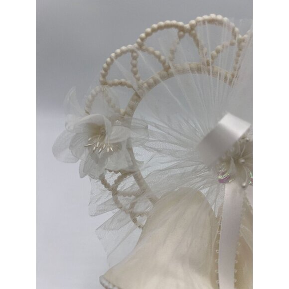 Vintage Ivory Lace Heart Shaped with Wedding Bells Tulle Flowers Cake Topper - Picture 2 of 13